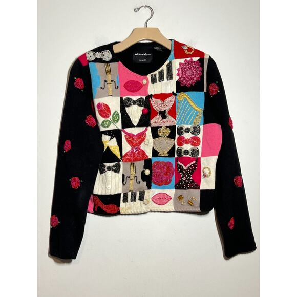 Michael Simon 90s VTG Beaded Novelty Celebration Colorblock Opera NYE Sweater L - Picture 1 of 10